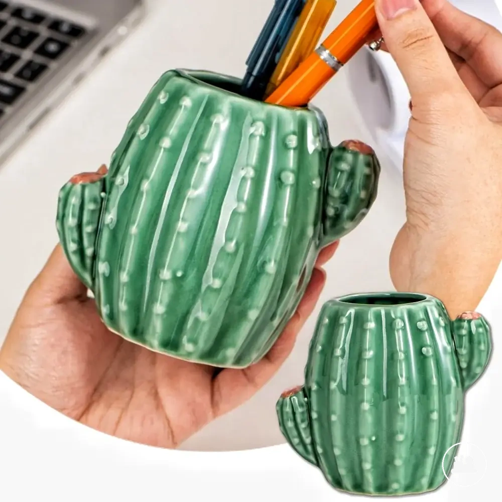 Cactus ceramic pen holder cup for home office desk use