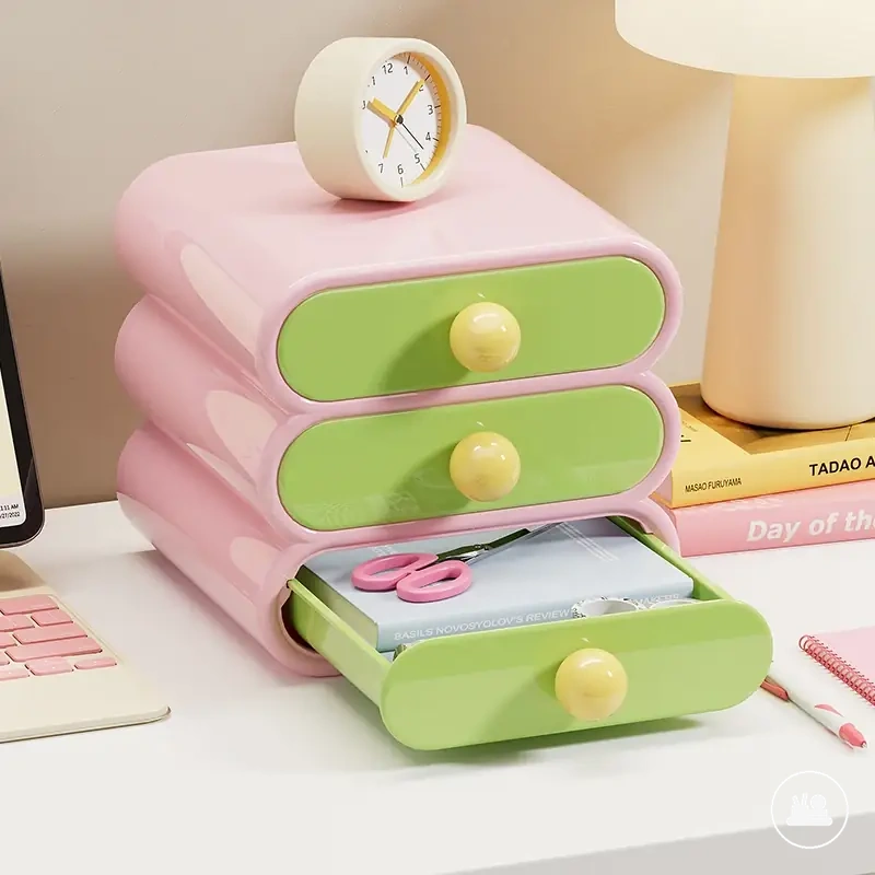 Three-tier desktop organizer with drawer storage boxes