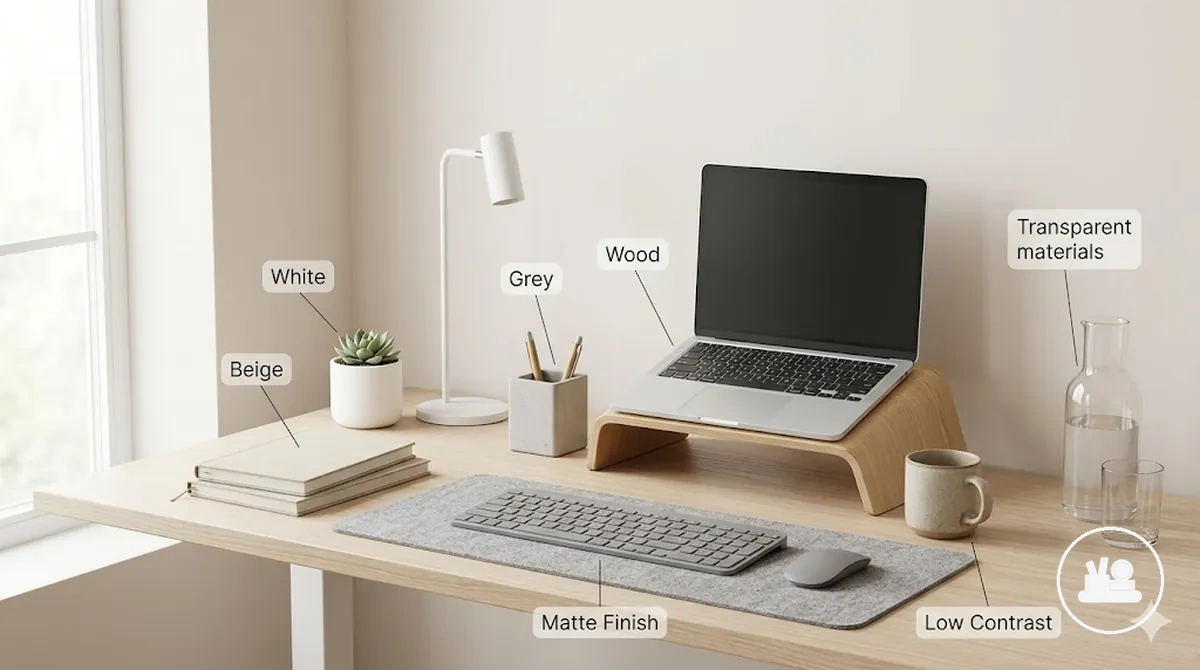 Neutral desk accessories with low-contrast visual styling