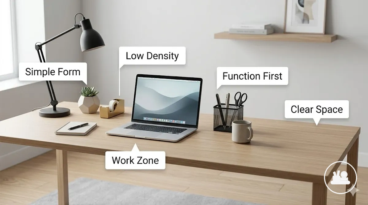 Organized desk with selected accessories and clear work zones