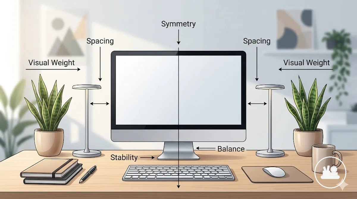 Symmetry, spacing, and visual weight distribution in desk decor arrangements