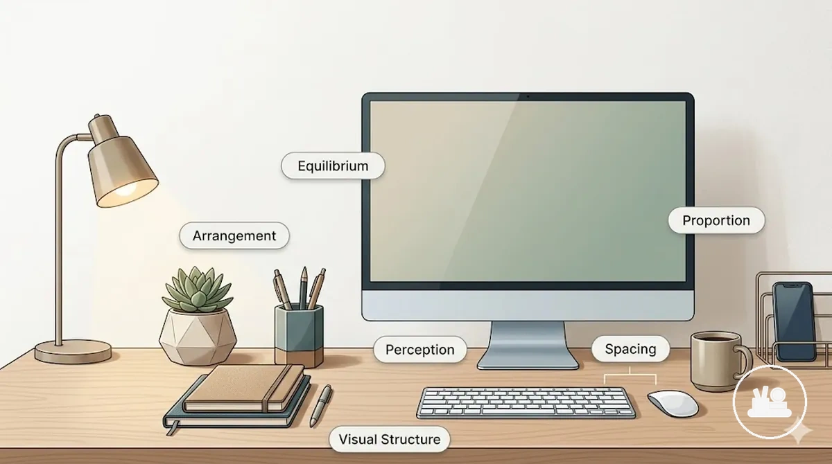Visual equilibrium created through arrangement, proportion, and spacing of desk accessories