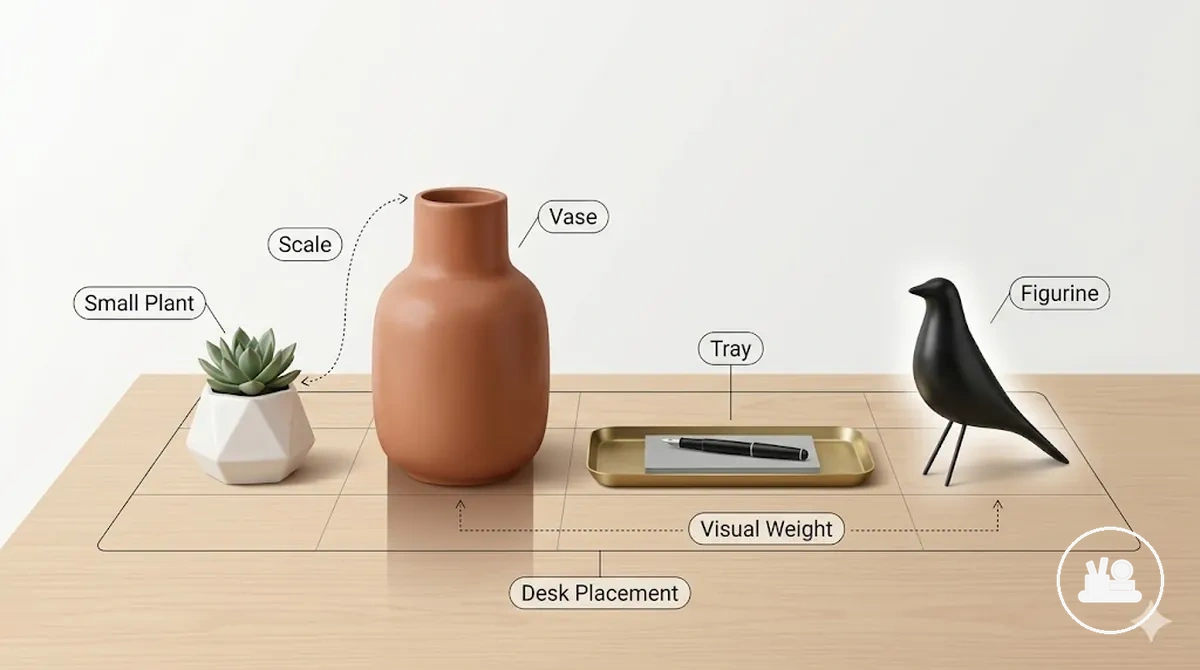 small plant, vase, tray, and figurine used as desk decor accent objects