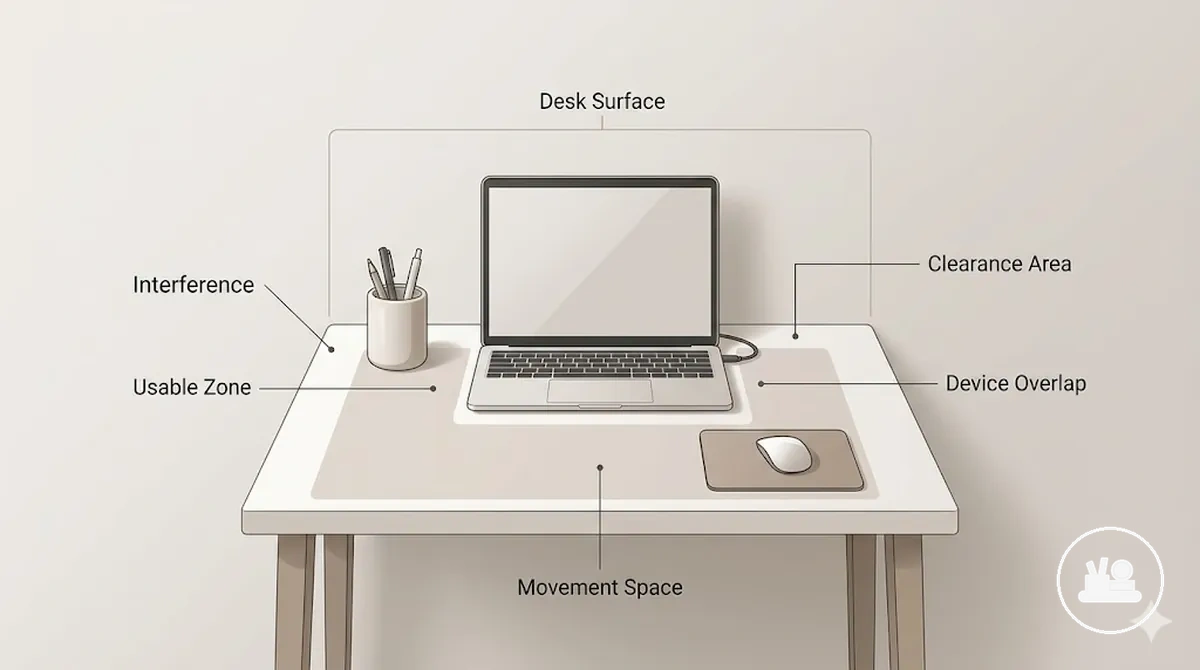 small desk layout showing spatial constraints and usable zones for desk decor accessories