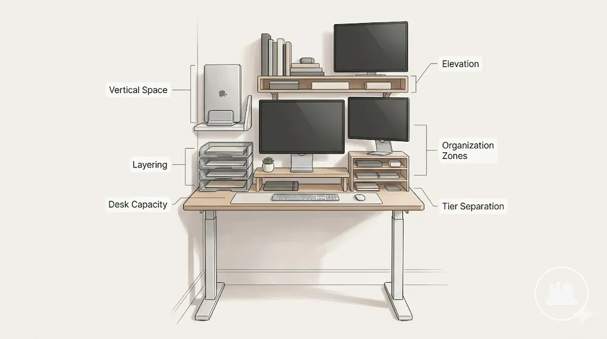 vertical desk organization showing layered storage and workspace zones on a small desk
