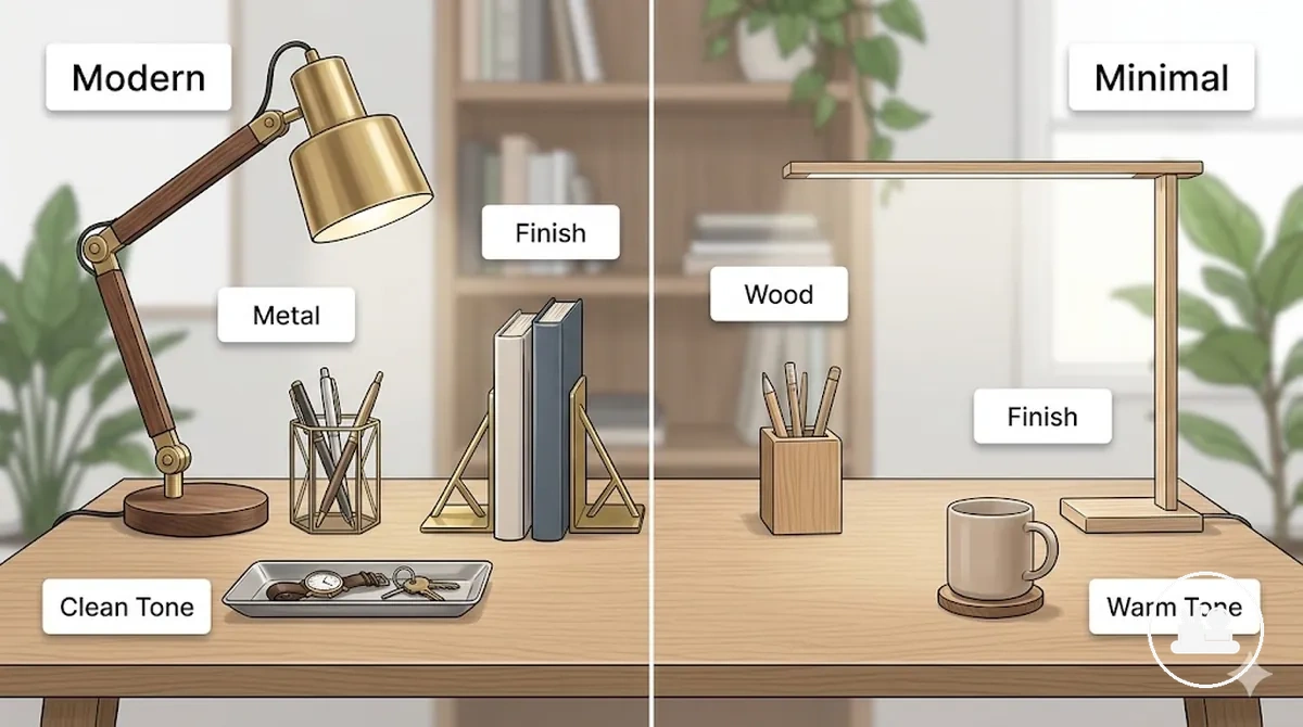 Comparación de características de estilo y material en accesorios decorativos de escritorio
