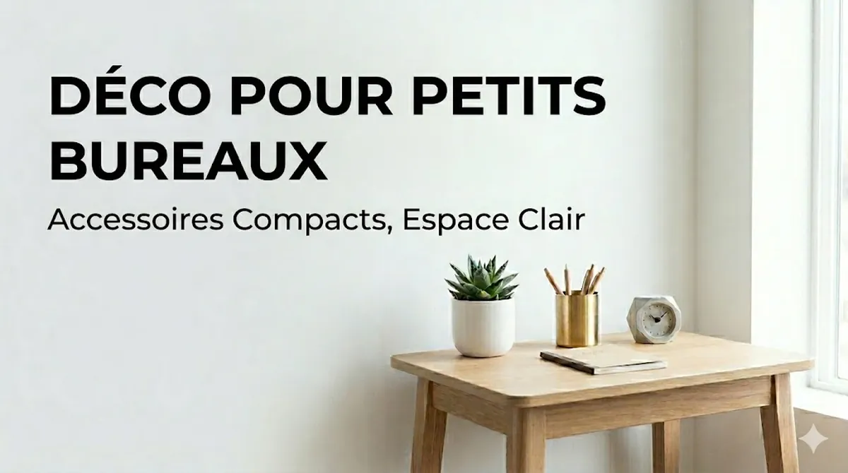 Accessoires déco compacts disposés sur un petit bureau sans encombrer la surface de travail