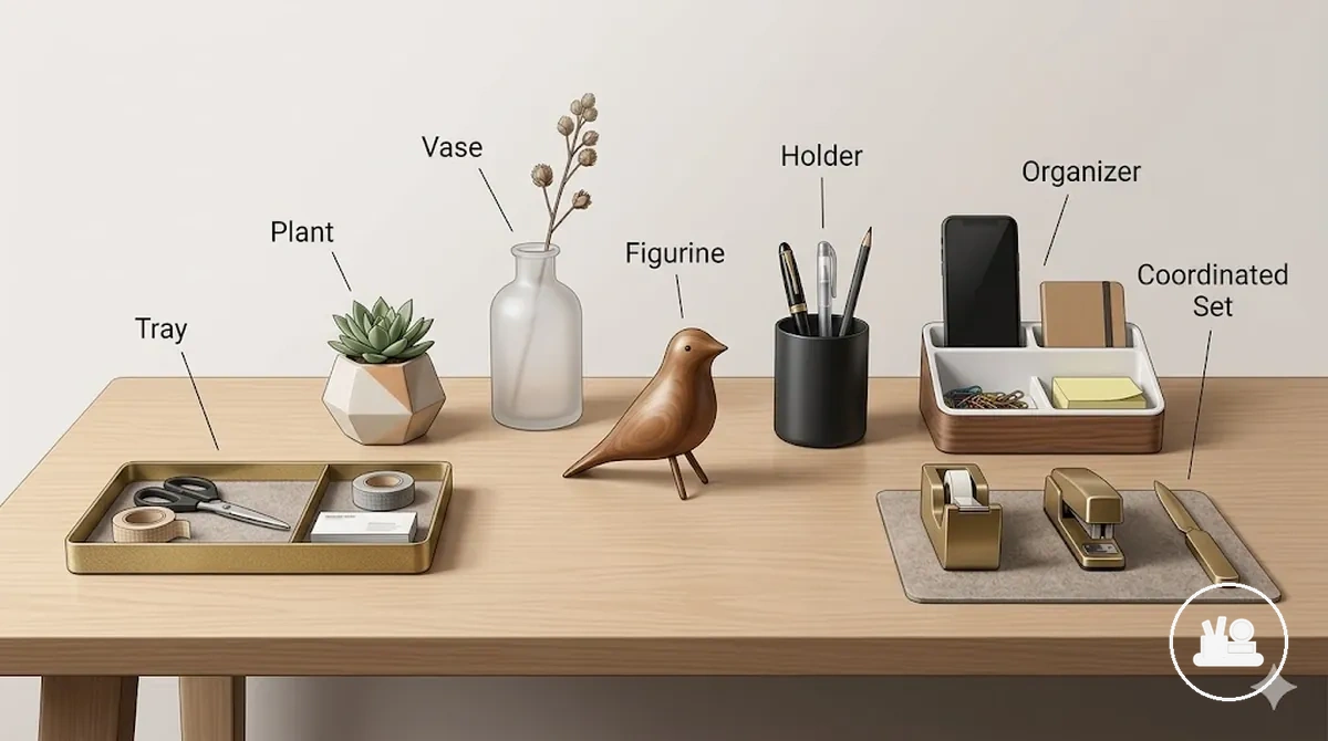idées courantes d’accessoires déco de bureau incluant plateau, plante, vase, figurine et organiseur