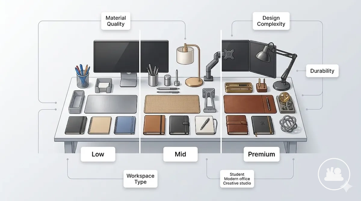 Comparaison des paliers de budget pour les accessoires déco de bureau