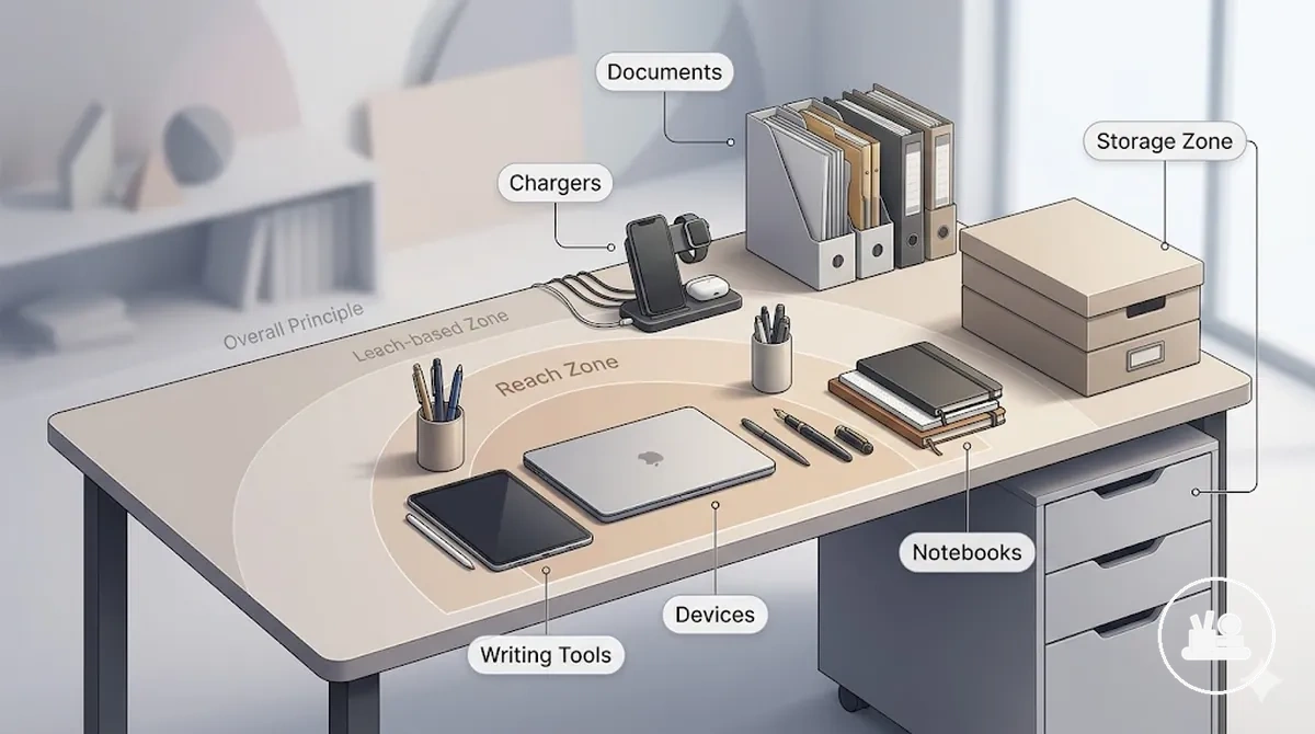 Surface de bureau annotée avec les objets de travail quotidiens, les outils à portée, le rangement et la zone des appareils