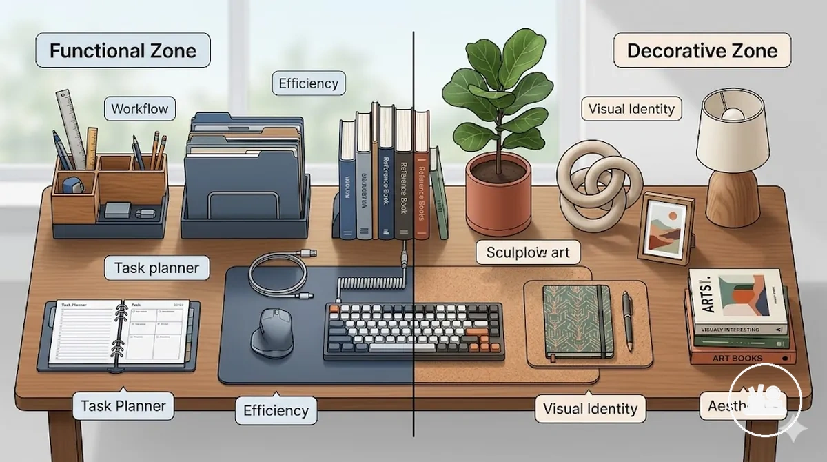 Comparação de acessórios de mesa funcionais e decorativos na configuração do espaço de trabalho