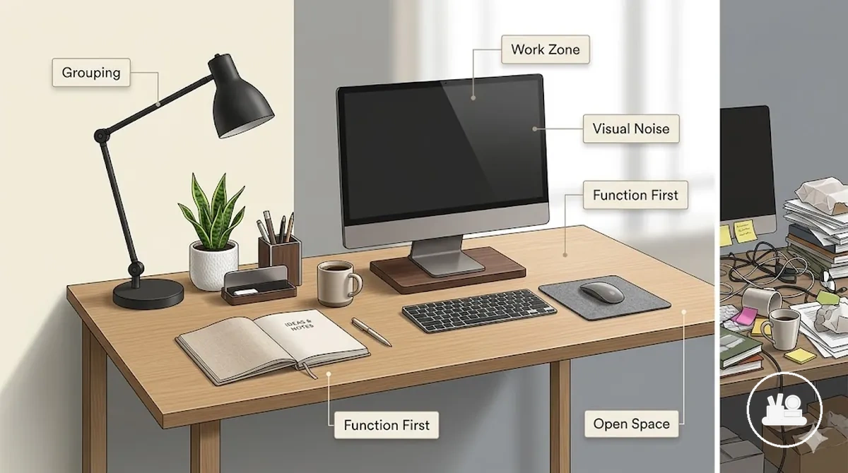 Mesa organizada com espaço de trabalho livre e acessórios agrupados